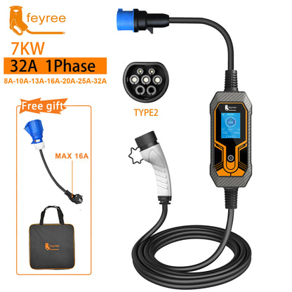7KW Portable EV Charger Type 2, Adjustable 32A Electric Car Charging Cable