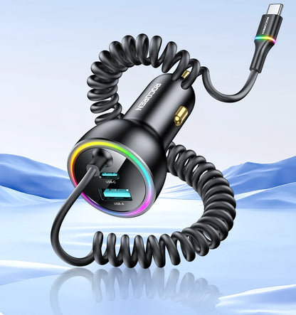 70W Fast USB-C Car Charger with 1.6m Retractable Spring Cable