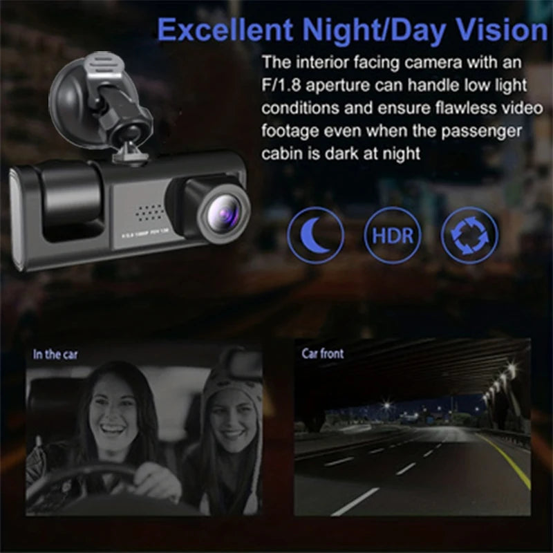3-Lens 1080P Dash Cam with IR Night Vision, Loop Recording & G-Sensor