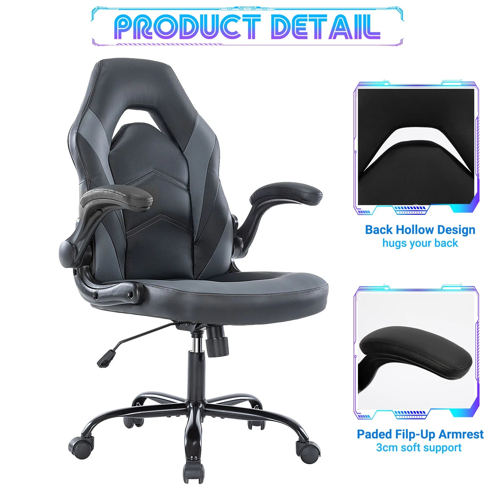 Ergonomic Racing Gaming Chair - Adjustable Height & Flip-Up Armrest Desk Chair - 4