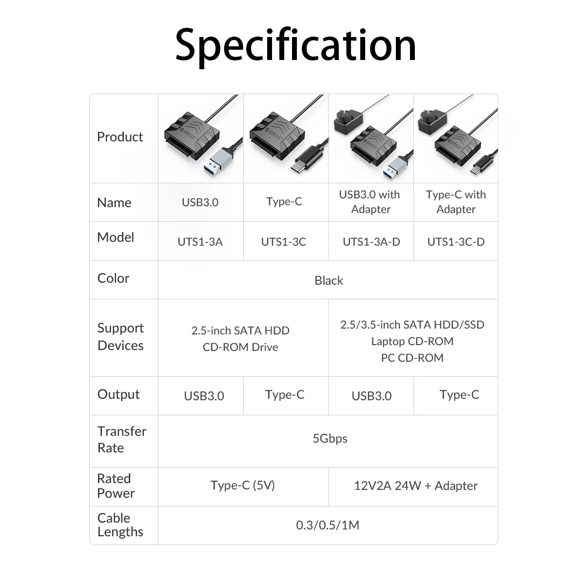 USB 3.0 to SATA Adapter Cable for 2.5/3.5" HDD/SSD - 5Gbps Fast Data Transfer - 16