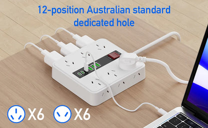 Australian Power Board: 12-Socket Extension Lead with 6 USB Fast Charger
