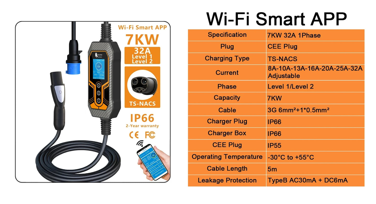 7KW Smart EV Charger with Wi-Fi App Control - Type 2 Portable EVSE Station
