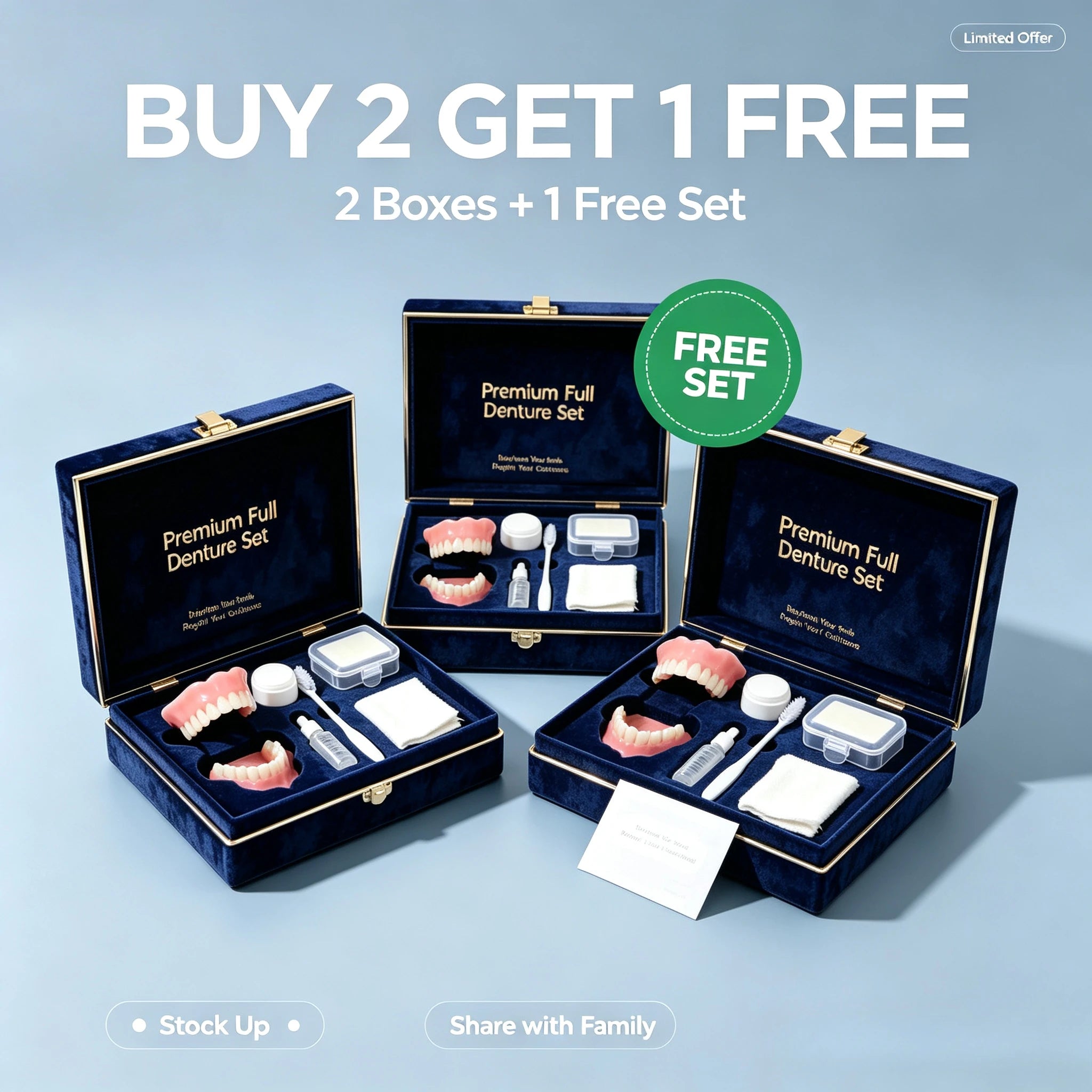 Full Mouth Denture Set with Premium Storage Case and Dental Cleaning Tools - 13