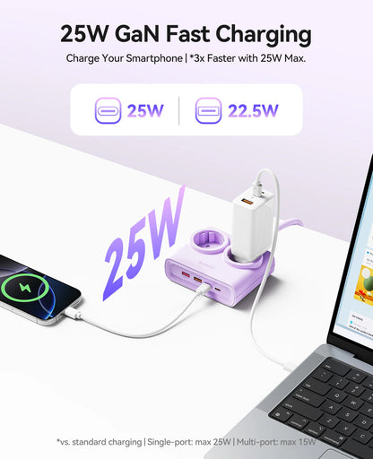 ORICO 25W GaN Desktop Power Strip - 2 AC Outlets & 4 USB Fast Charging
