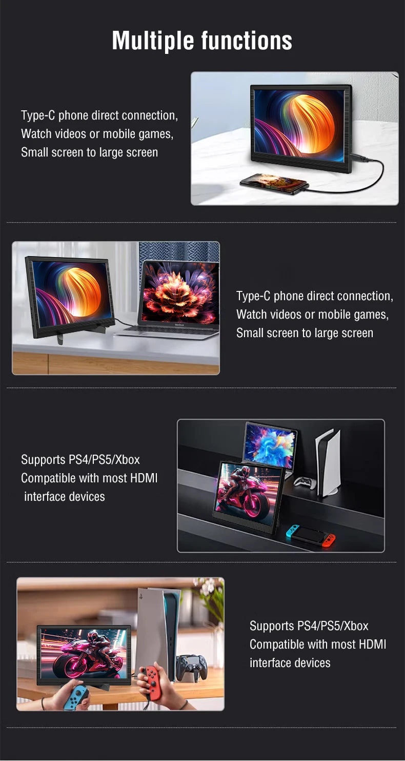 11.6" Portable Laptop Monitor - HDMI & Type-C External Travel Screen - 8
