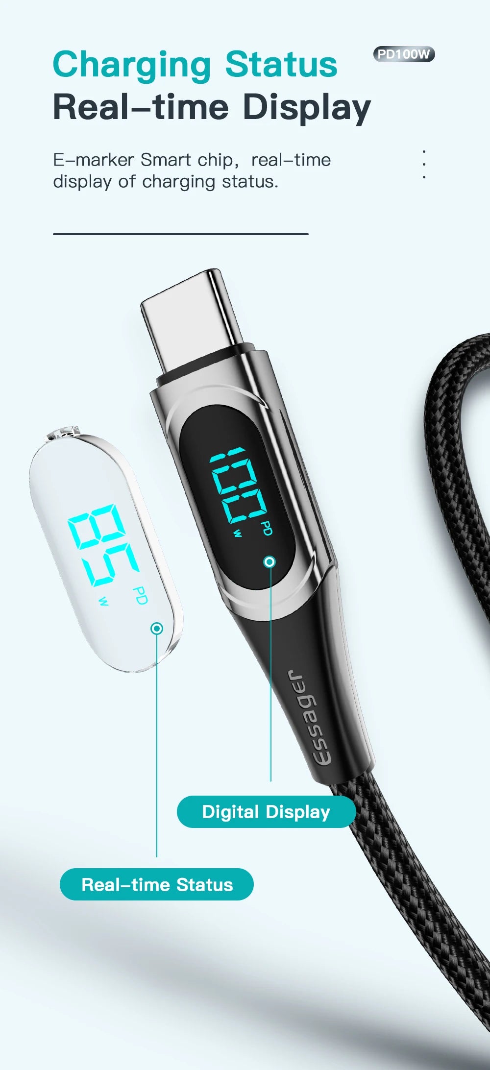 Essager 100W USB-C to USB-C Fast Charging Cable with LED Display