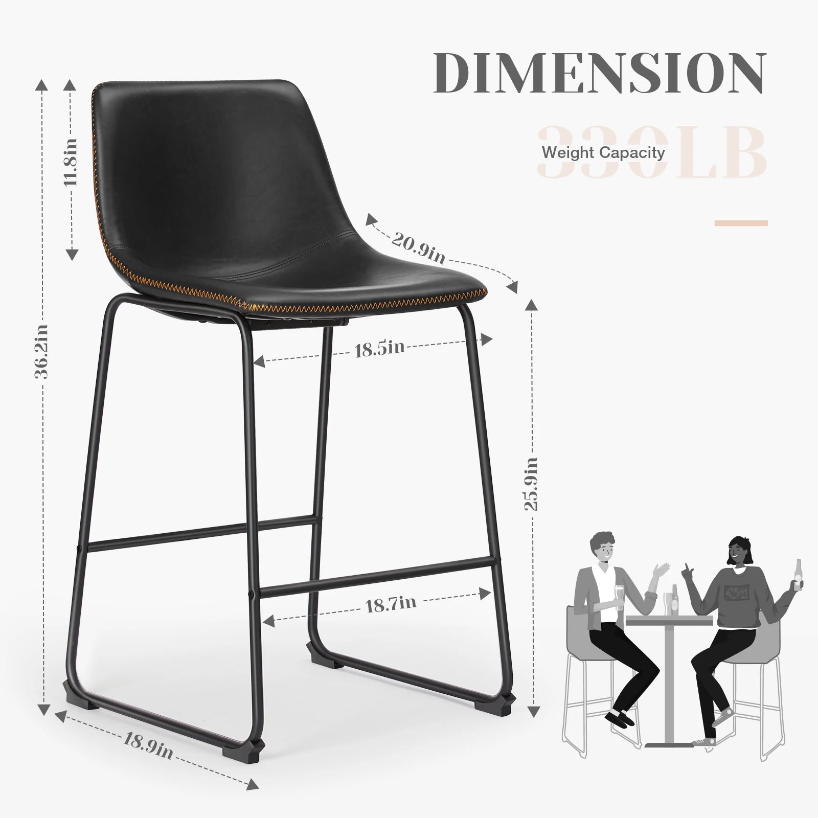 Modern Faux Leather Bar Stools - Set of 2 Counter Height Kitchen Chairs - 2