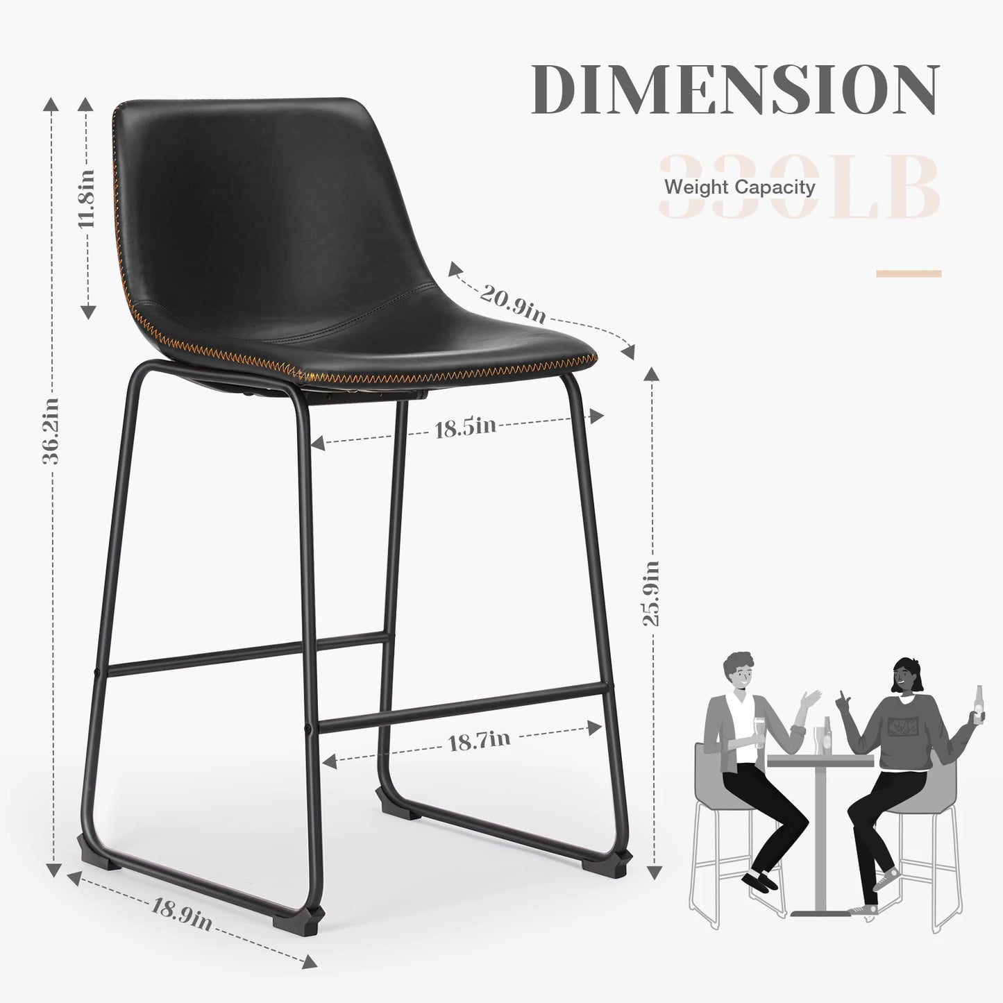 Modern Faux Leather Bar Stools - Set of 2 Counter Height Kitchen Chairs