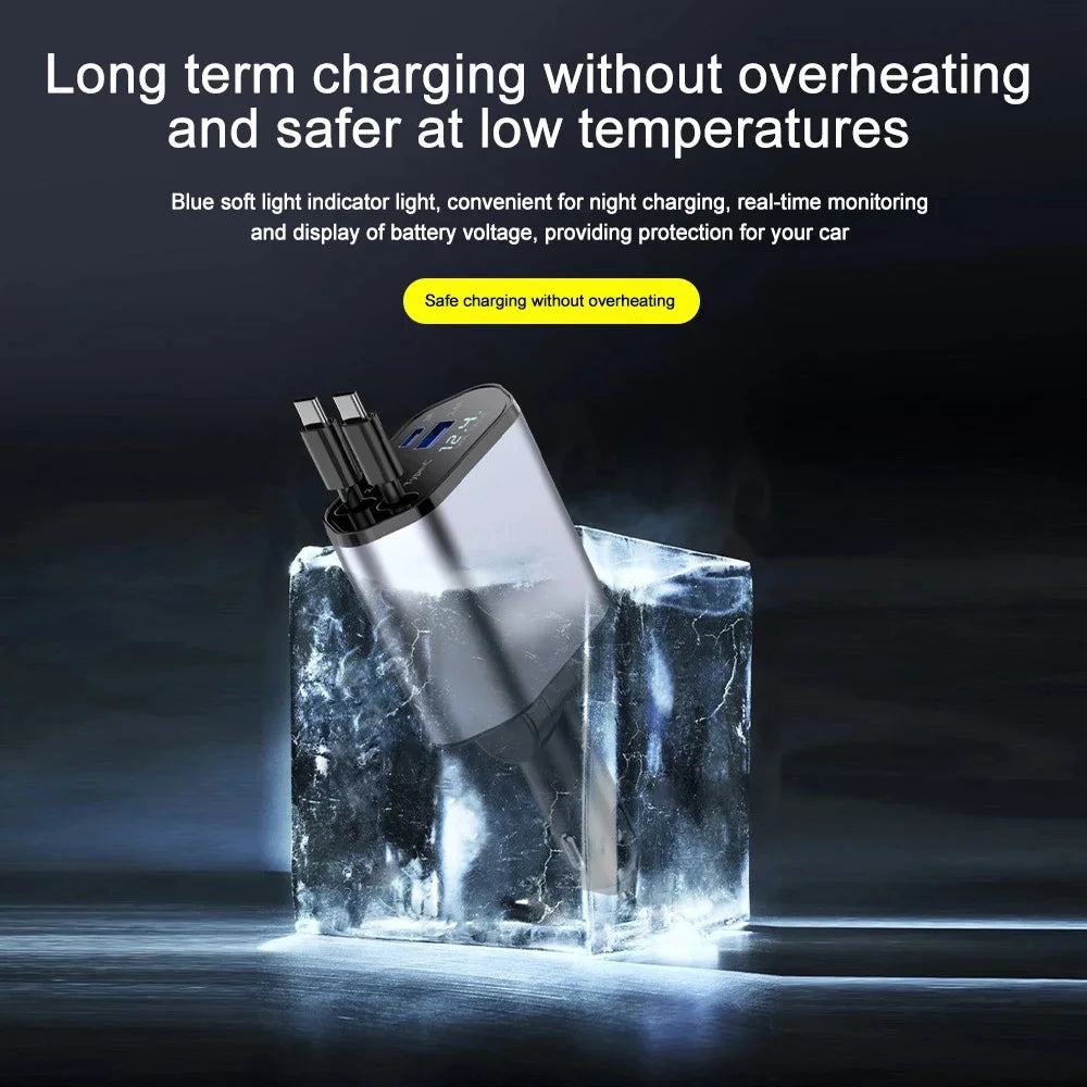 120W Retractable 4-in-1 Car Charger with Voltage Display & Fast Charging - 15