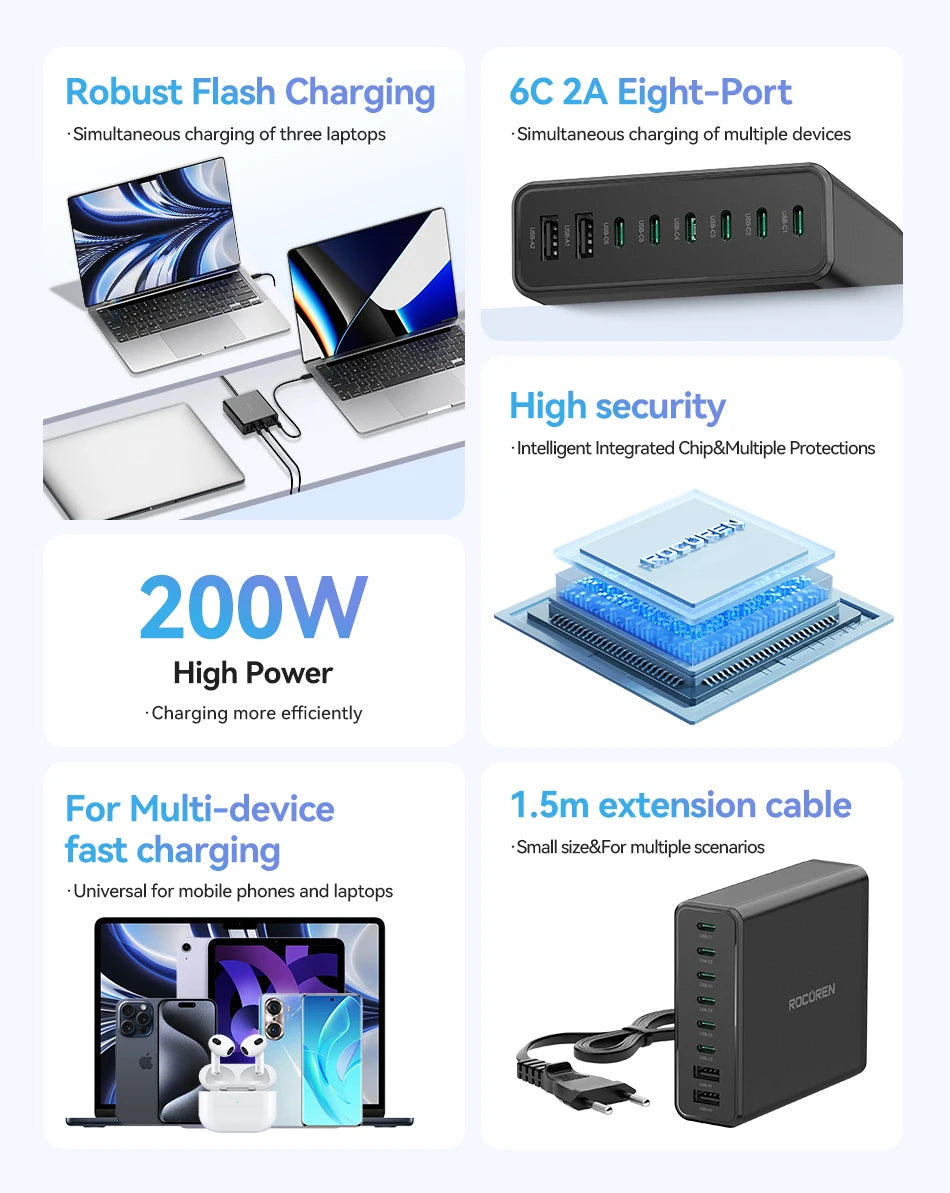 200W 8-Port USB-C Desktop Fast Charging Station for Laptops & Phones - 8