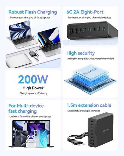 200W 8-Port USB-C Desktop Fast Charging Station for Laptops & Phones