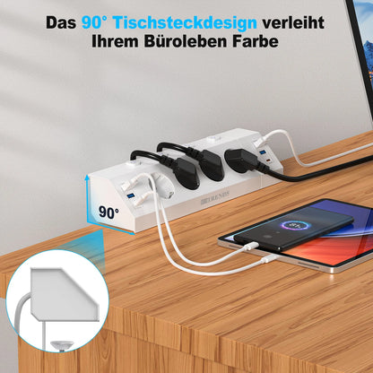 EU Desk Clamp Power Strip with 4 USB Ports, 2 USB-C & Surge Protection
