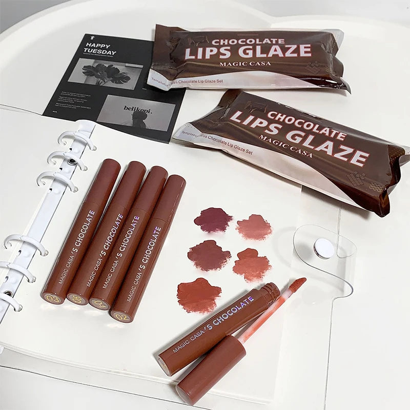 5-Piece Chocolate Matte Lip Glaze Set - Long-Lasting Waterproof Lip Tint - 3