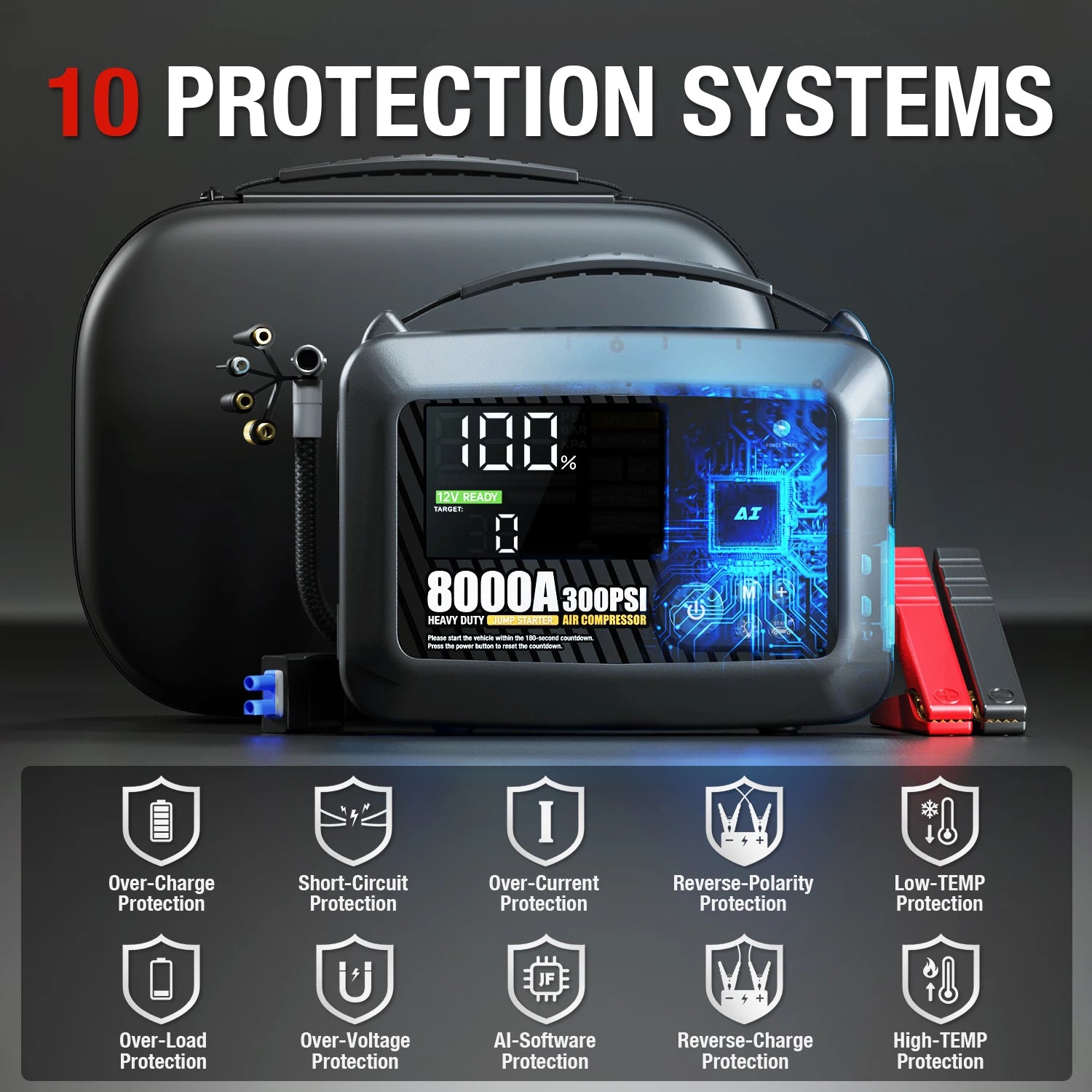 8000A Portable Car Jump Starter with Built-in Tire Air Compressor - 3