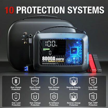 8000A Portable Car Jump Starter with Built-in Tire Air Compressor