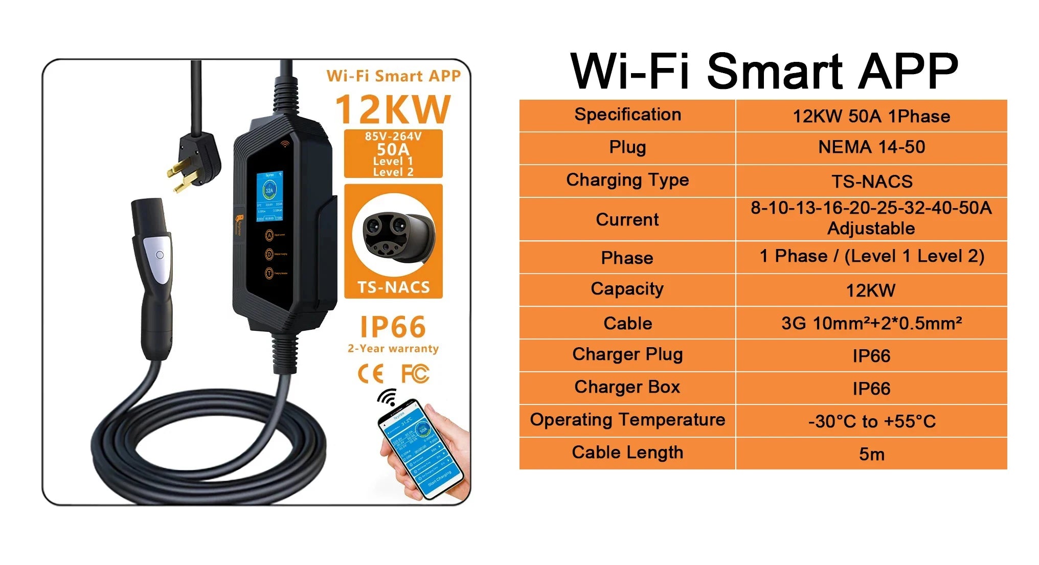 Portable EV Charger for Tesla & NACS - Smart APP Control & Fast Charging - 12