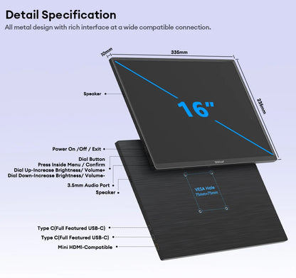 16" 4K Portable Monitor - 3840x2400 UHD IPS Display for Laptop & Gaming