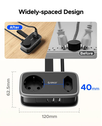 Portable EU Travel Power Strip with USB-C & Fast Charging – 5-in-1 Compact