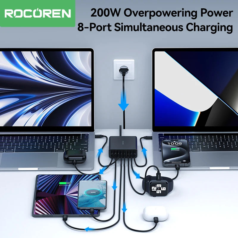 200W 8-Port USB-C Desktop Fast Charging Station for Laptops & Phones - 2