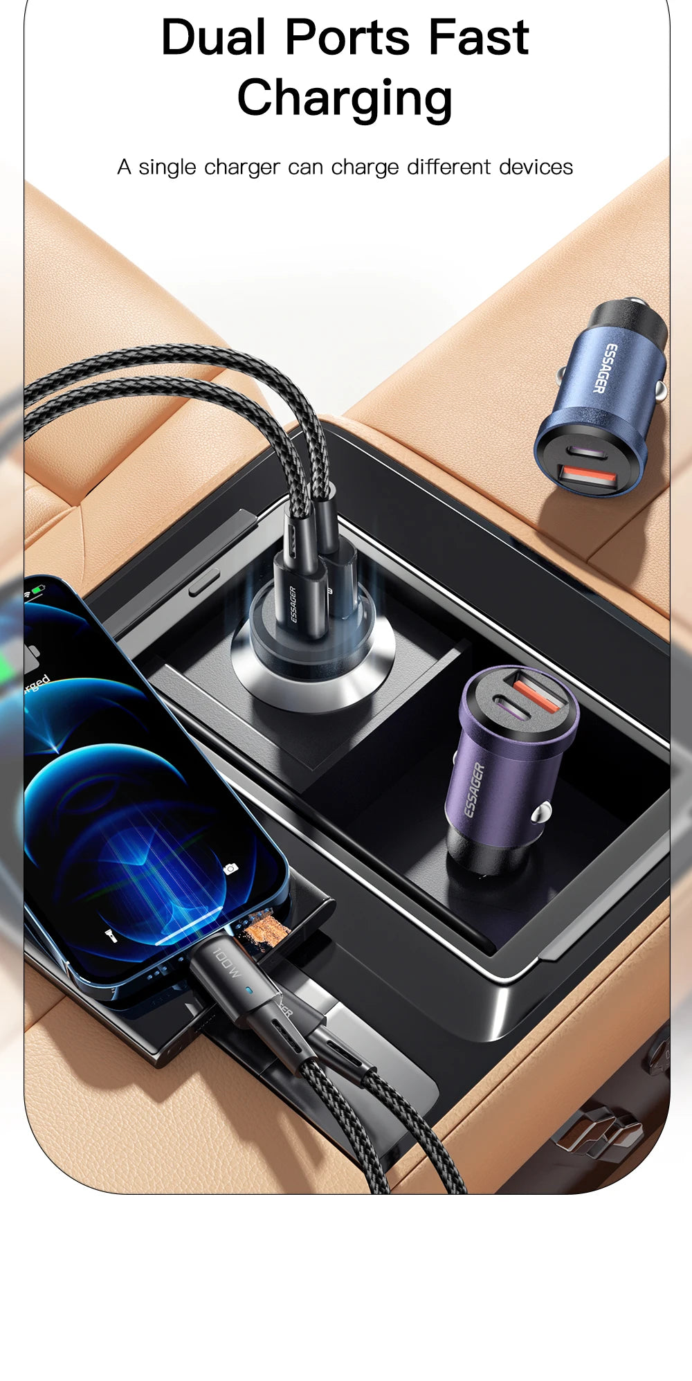Essager 45W Fast Car Charger PD 3.0 Dual Port USB-C Adapter for Phone