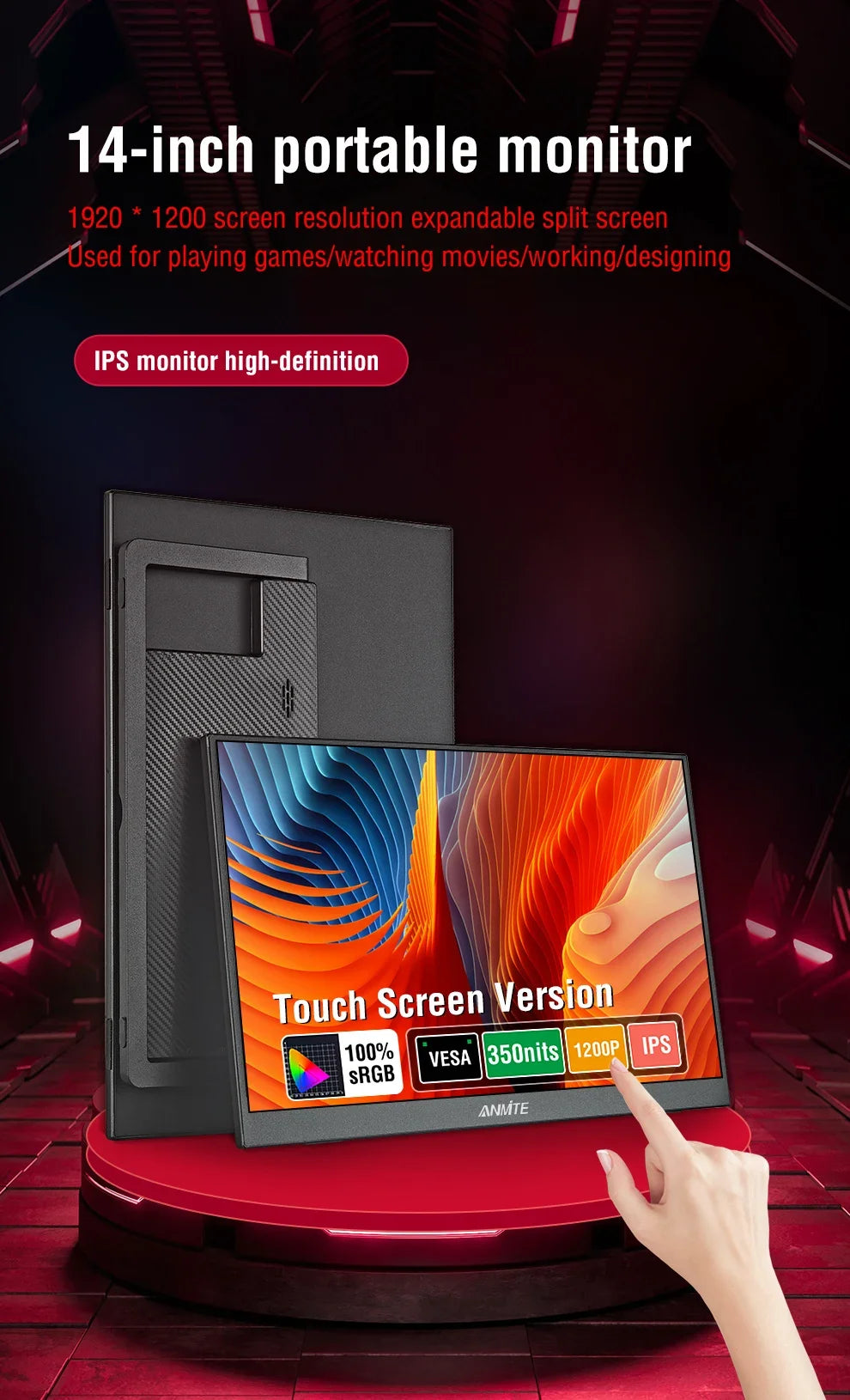 14" Portable IPS Monitor 1920x1200 FHD Gaming Display with Built-in Stand