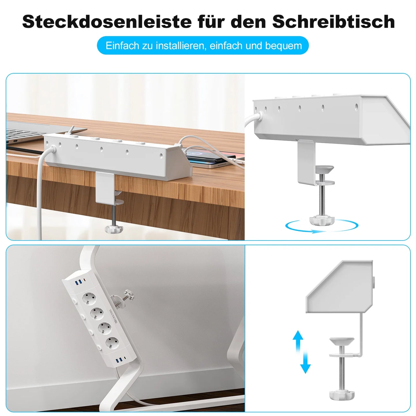 EU Desk Clamp Power Strip with 4 USB Ports, 2 USB-C & Surge Protection