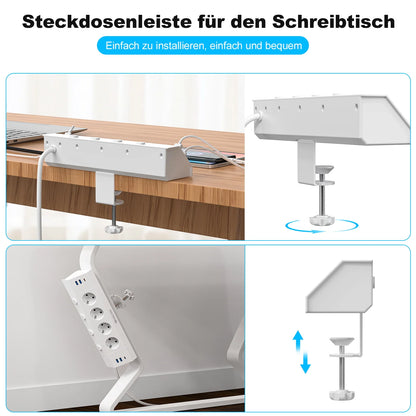 EU Desk Clamp Power Strip with 4 USB Ports, 2 USB-C & Surge Protection
