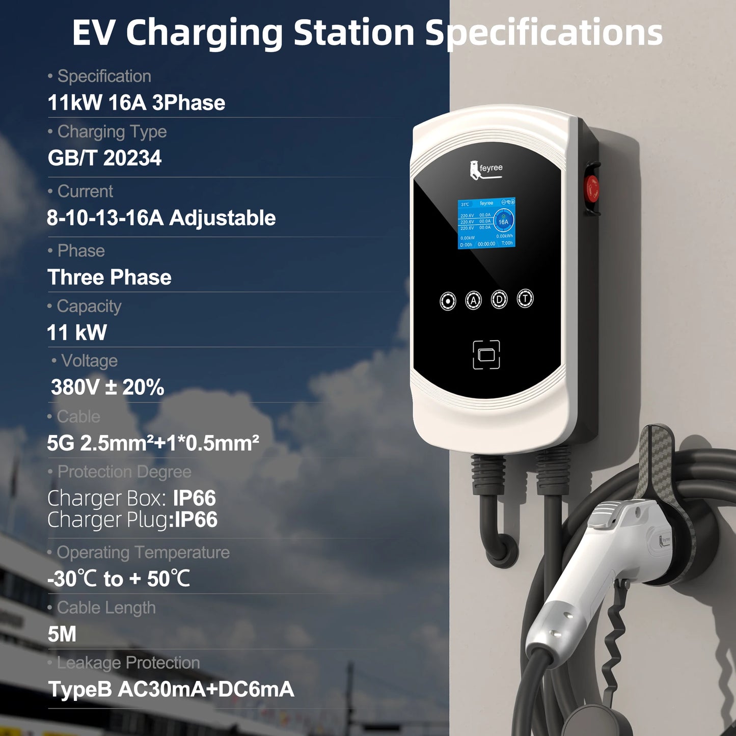 22kW 3-Phase Smart EV Wallbox Charger with WiFi, App Control & DLB
