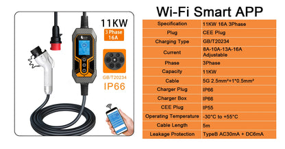 Portable Smart EV Charger - 7KW/11KW Adjustable Level 2 Electric Vehicle EVSE