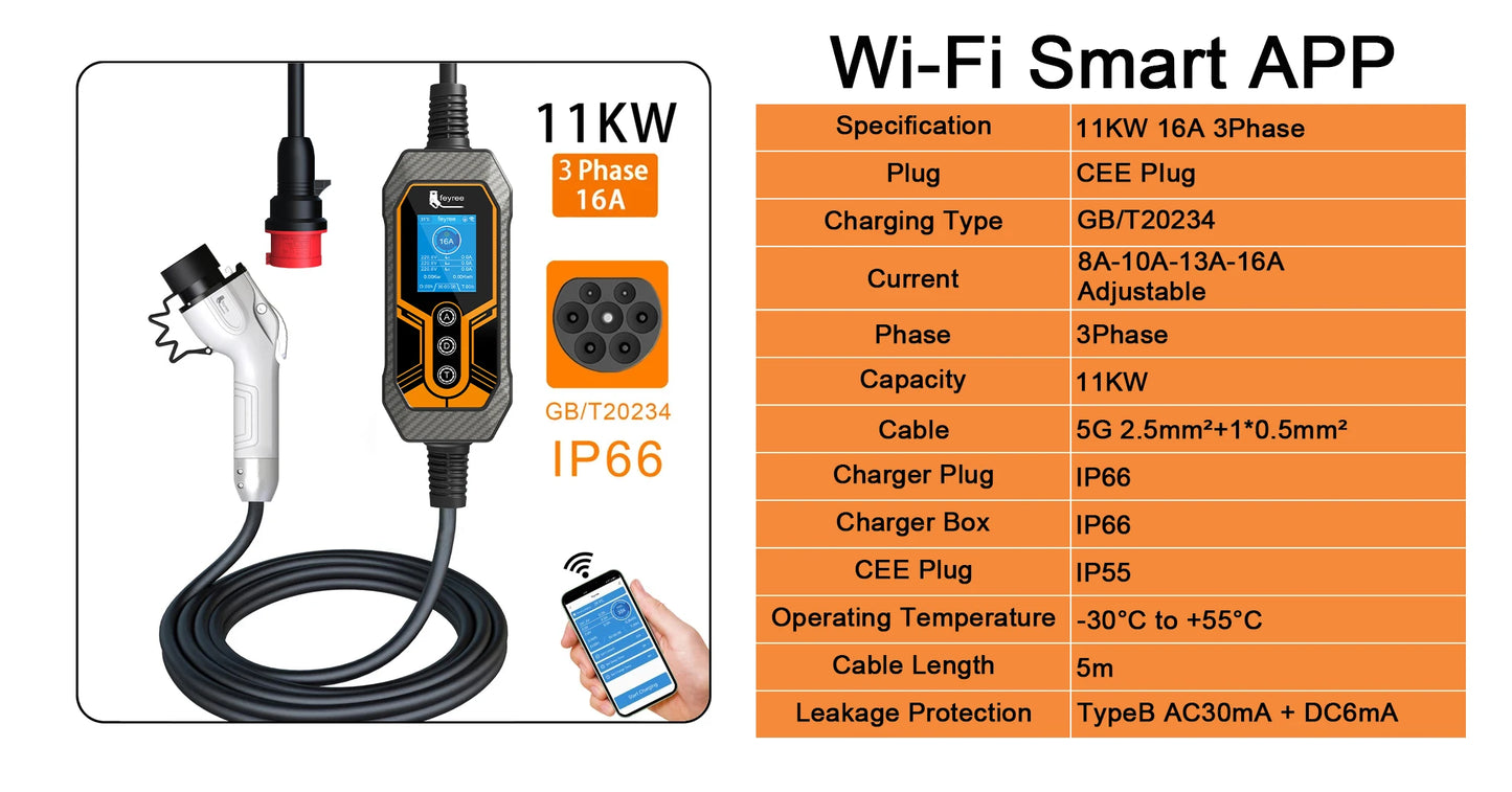 Smart Portable EV Charger - 11KW/7KW Adjustable WiFi App Control