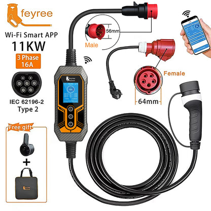 11KW Portable Type 2 EV Charger - Smart App Control & Adjustable Current