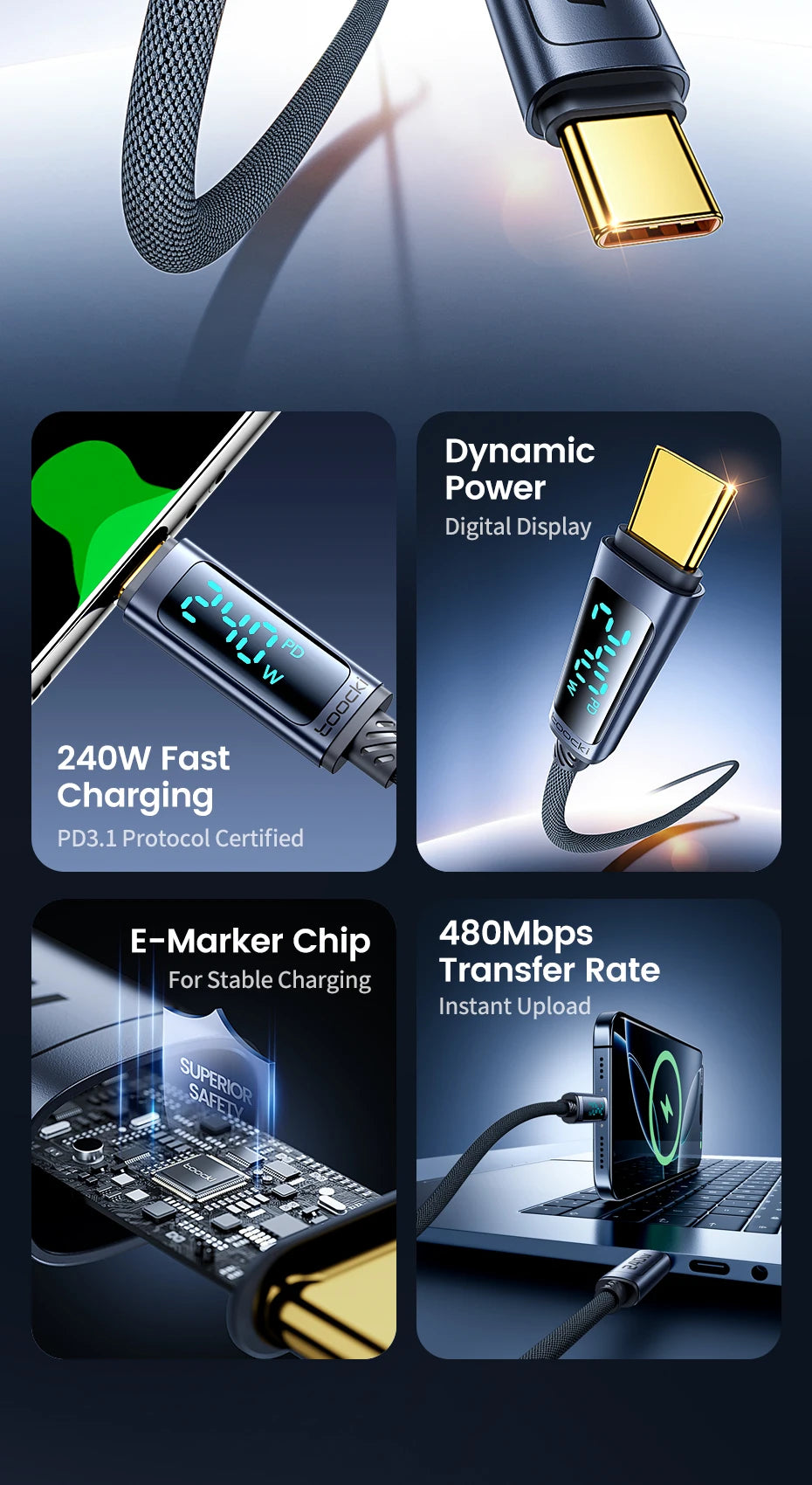 240W USB-C to USB-C Fast Charging Cable with Digital Power Display