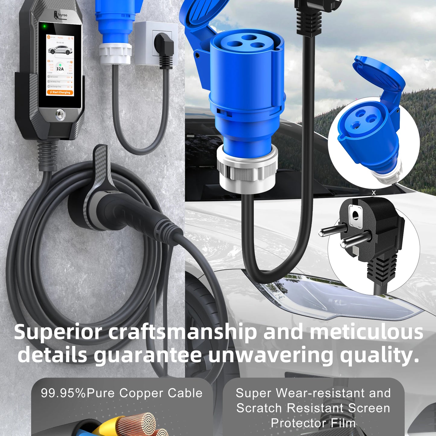 Portable 7kW EV Charger with 4.3" Touchscreen & Smart WiFi App Control
