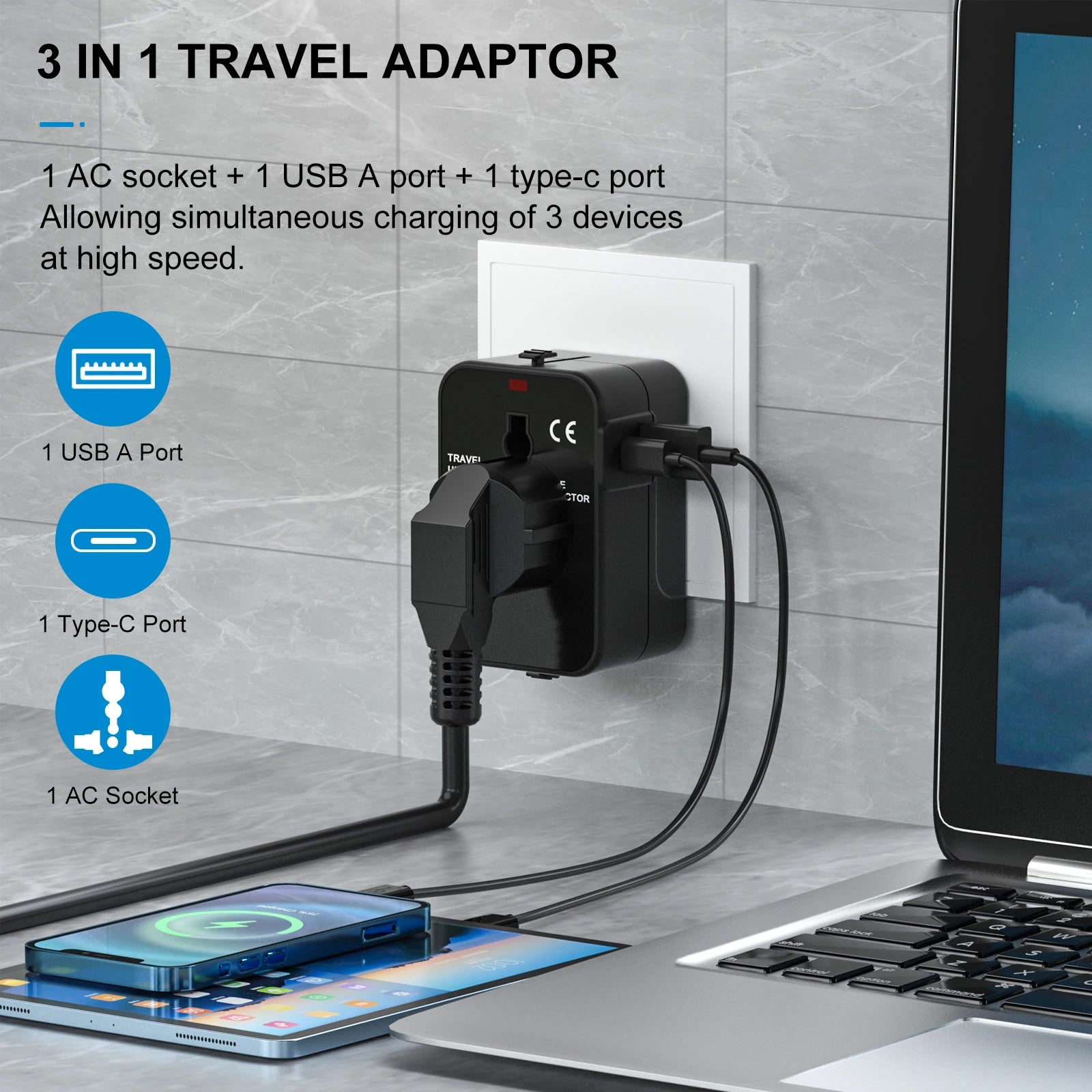 Universal All-in-One Travel Adapter with USB-C for Over 224 Countries - 3