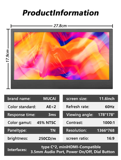 11.6" Portable Gaming Monitor – HD Laptop Display with Type-C & Speakers