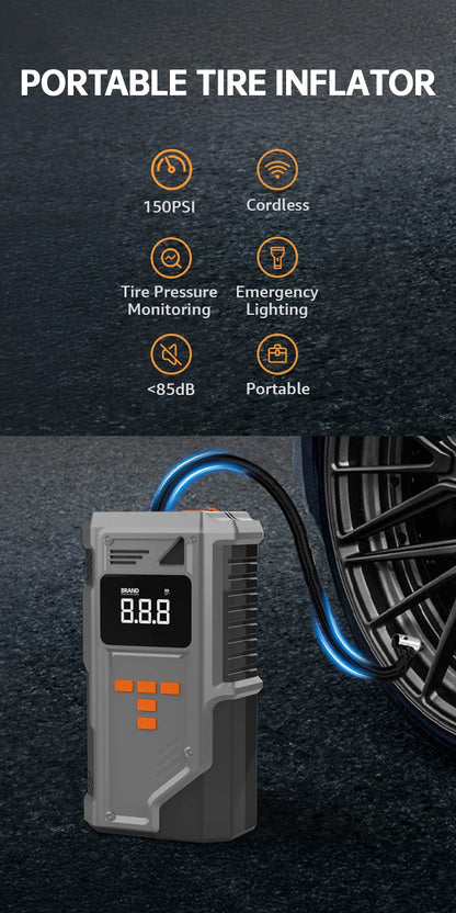 Portable Car Jump Starter with 10.2 Bar Tire Inflator & Emergency Pump