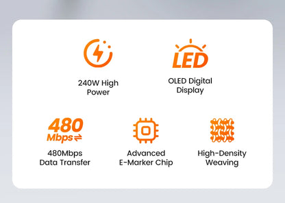 240W USB-C Fast Charging Cable with Real-Time OLED Power Display