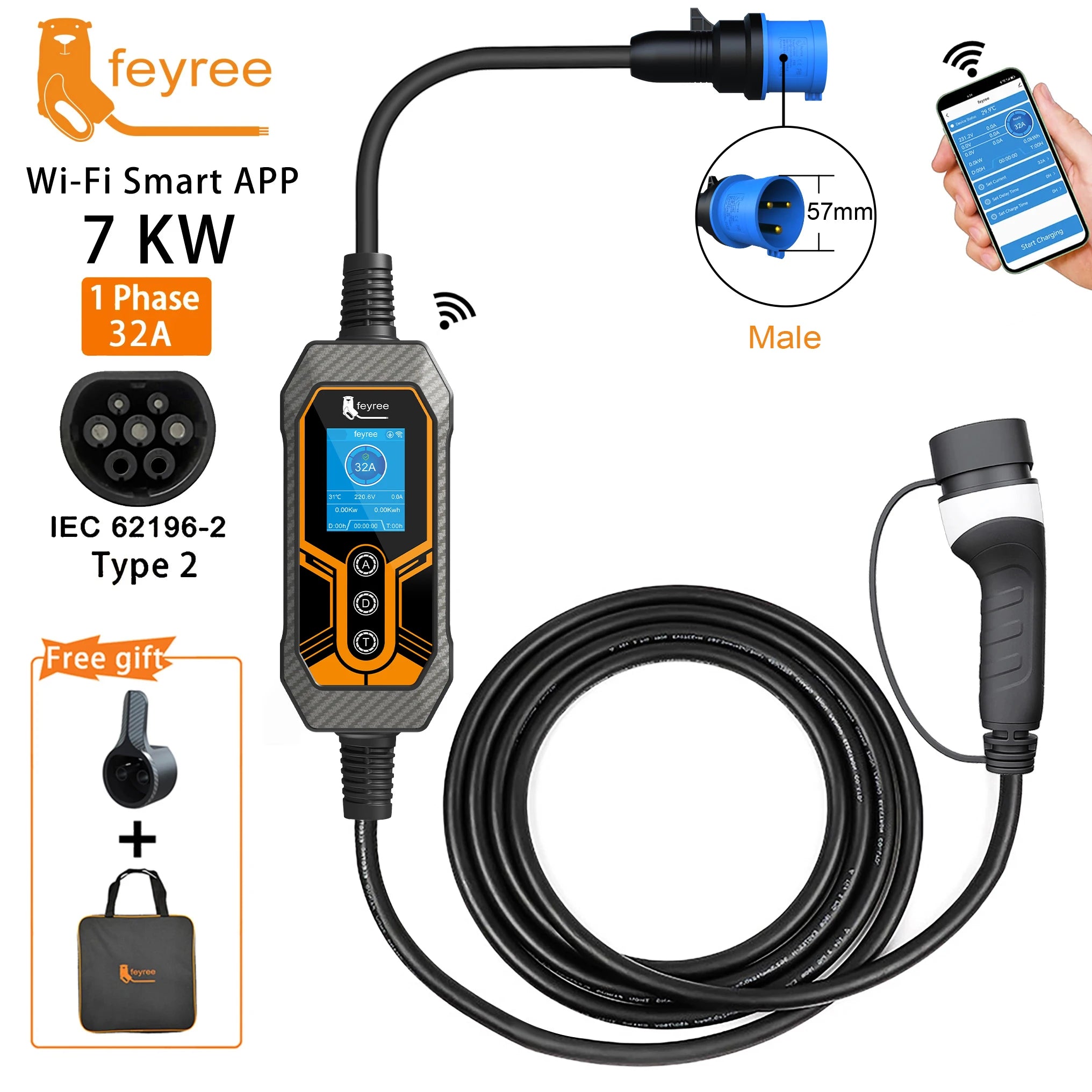 7KW Portable EV Charger Type 2, 32A Smart Wi-Fi Electric Vehicle Charger - 8