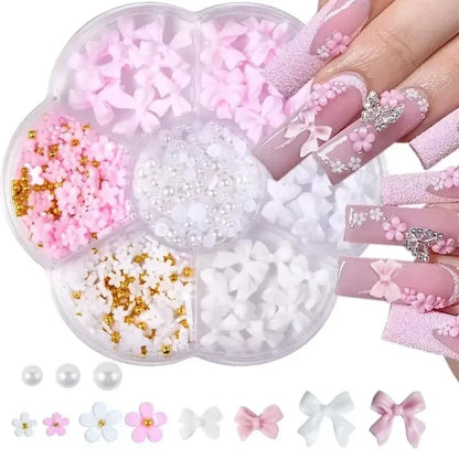 3D Mixed Nail Art Decoration Set - Acrylic Bows, Flowers & Pearl Charms