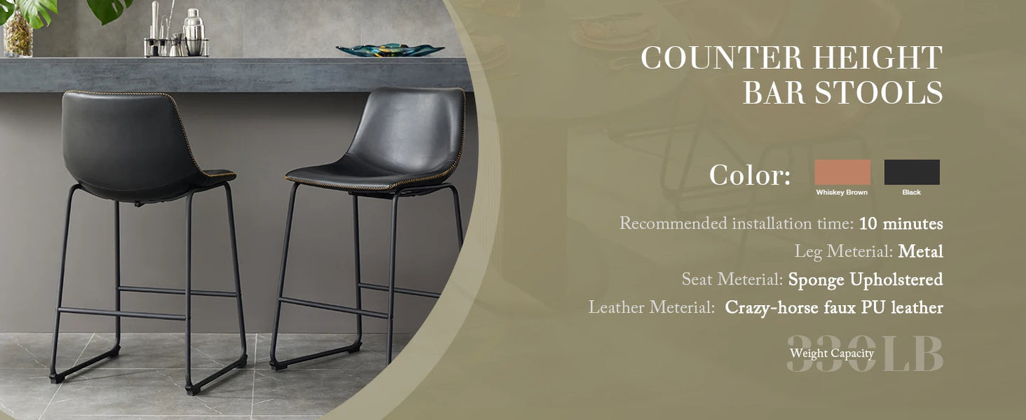 Modern Faux Leather Bar Stools - Set of 2 Counter Height Kitchen Chairs
