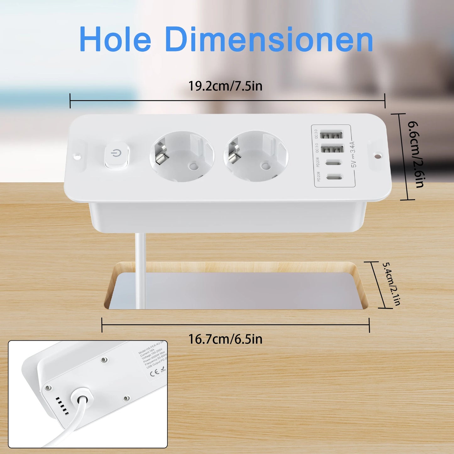 10-in-1 Recessed Power Strip with 20W USB-C PD & Fast Charging Wall Socket