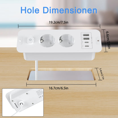 10-in-1 Recessed Power Strip with 20W USB-C PD & Fast Charging Wall Socket