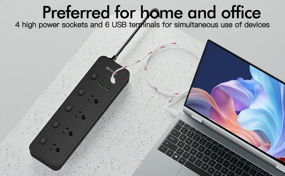 Australian Multi-Plug Power Board with 6 USB Fast Charging Ports & Switches