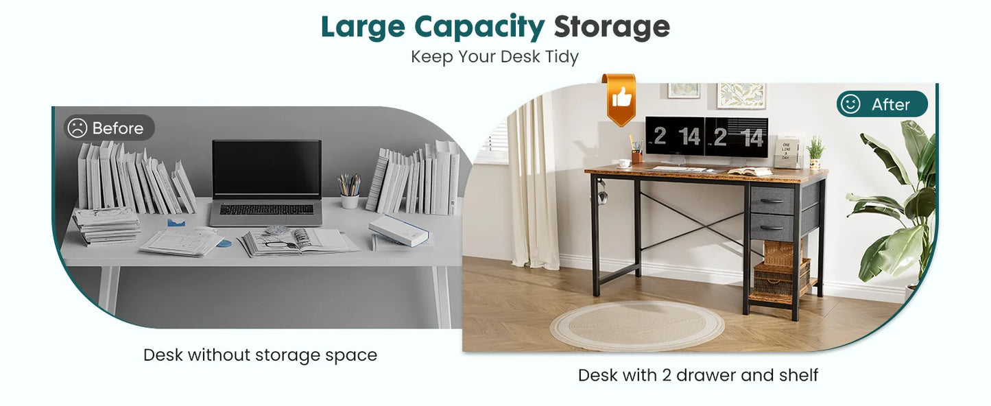 Modern 47-Inch Computer Desk with Reversible Storage Drawers for Home Office
