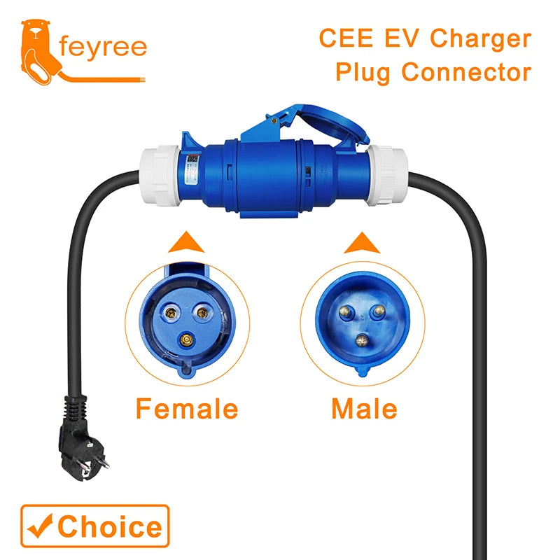 32A EV Charging Adapter 7KW CEE Female 3-Pin Portable Connector