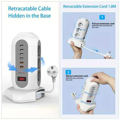 15-in-1 Tower Power Strip with 6 USB Ports & Retractable 1.8m Cord