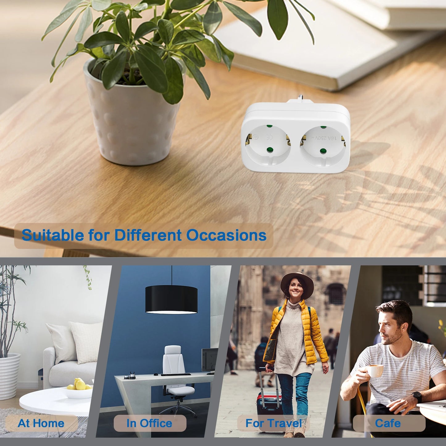 European 2-Way Wall Socket Adapter 16A 3680W Compact Travel Power Plug