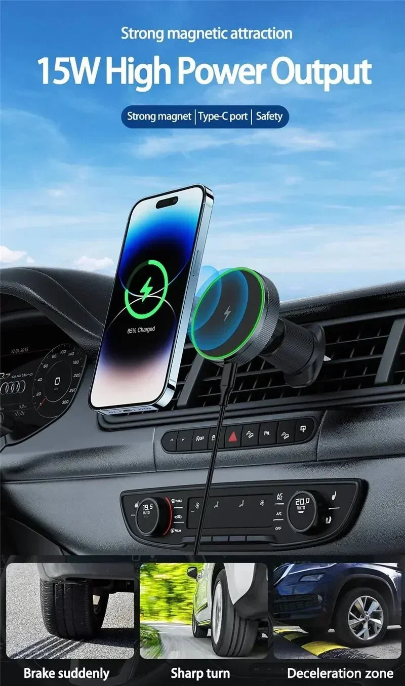 Magnetic Wireless Car Charger with Cooling Fan - 15W Fast Phone Mount