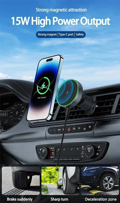 Magnetic Wireless Car Charger with Cooling Fan - 15W Fast Phone Mount